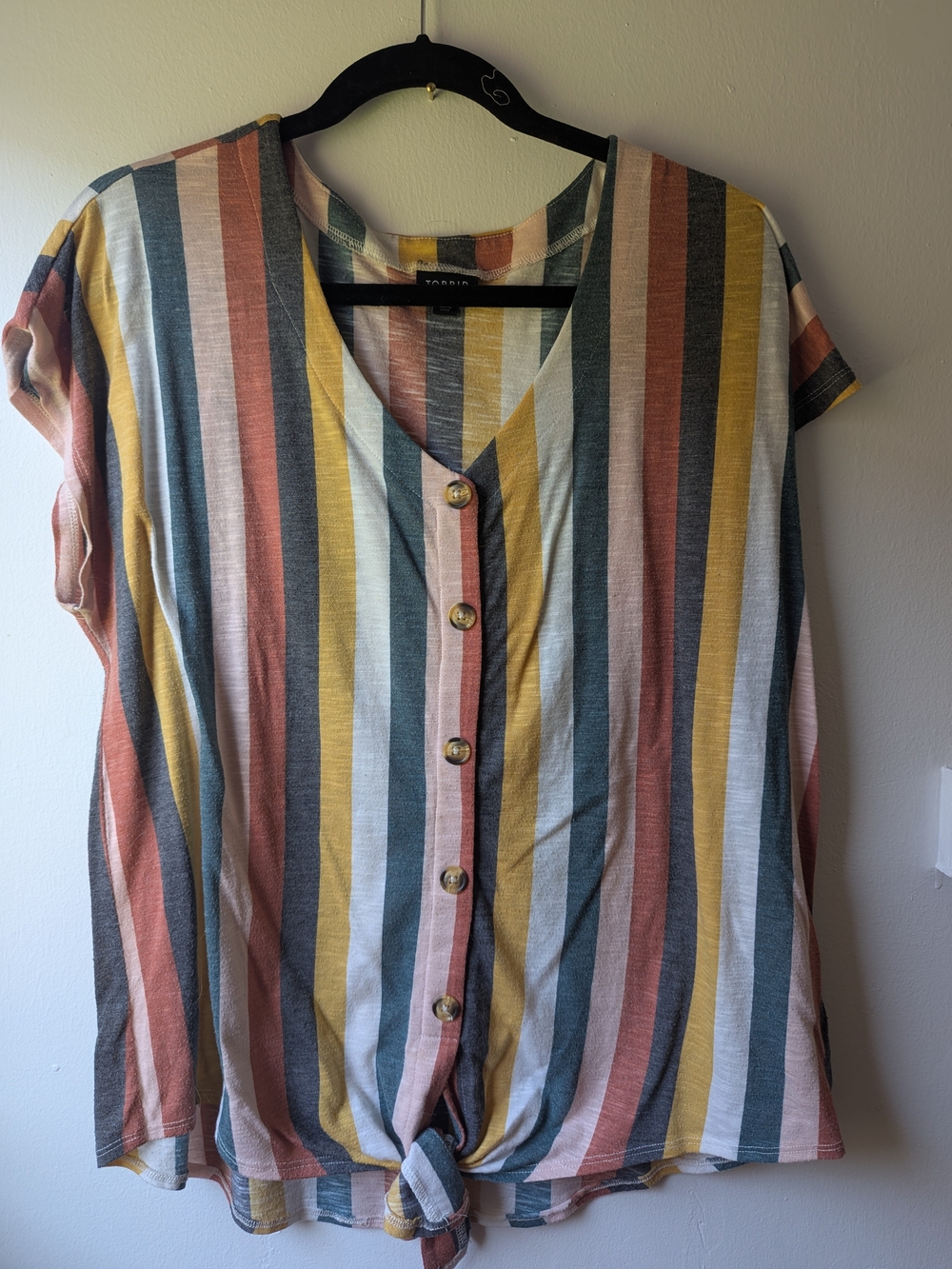 torrid Striped Button-Front Tie-Hem Top in Mustard, Teal, Rust, Cream, Gray